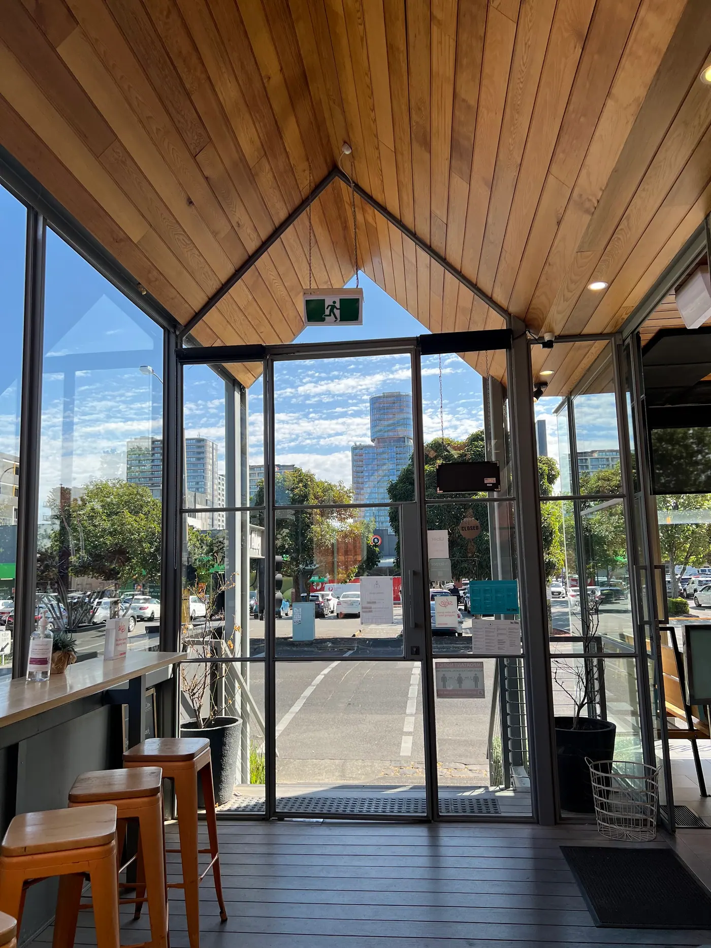 Timber ceiling and glass entrance of the church cafe